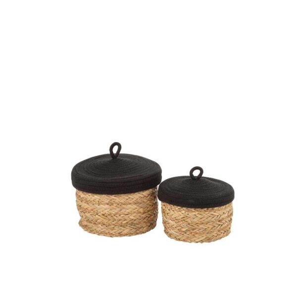SET OF 2 BASKETS+LID ROUND GRASS/COTTON NATURAL/BLACK