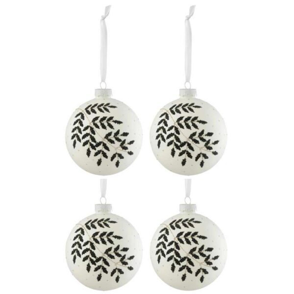 BOX OF 4 CHRISTMAS BAUBLES CHRISTMAS LEAF GLITTER GREEN GLASS WHITE MEDIUM