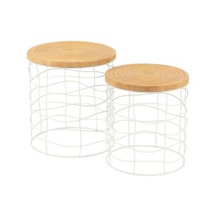 SET OF 2 SIDE TABLES CARVING IRON/PINE WOOD NATURAL/WHITE