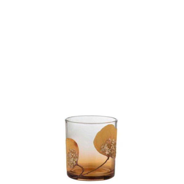 TEALIGHT HOLDER DRIED LEAF OCHRE+GLITTER SMALL