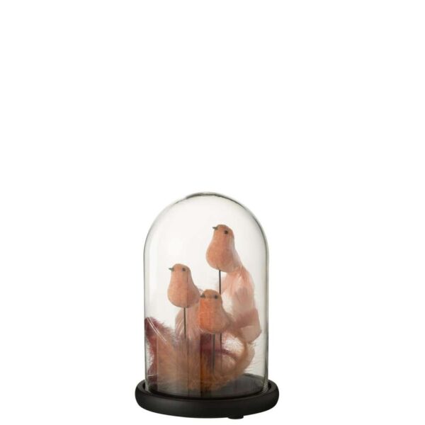 BELL JAR 3 BIRDS+FEATHERS GLASS PINK/BORDEAUX