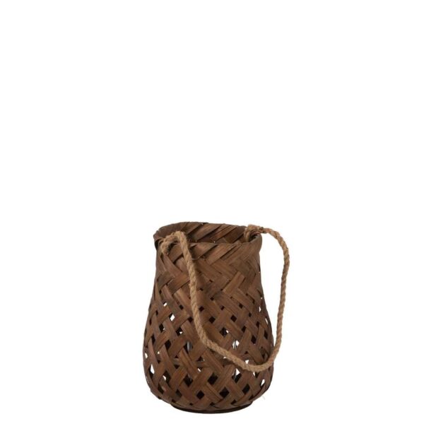 LANTERN WOVEN ROUND BAMBOO/GLASS DARK BROWN SMALL