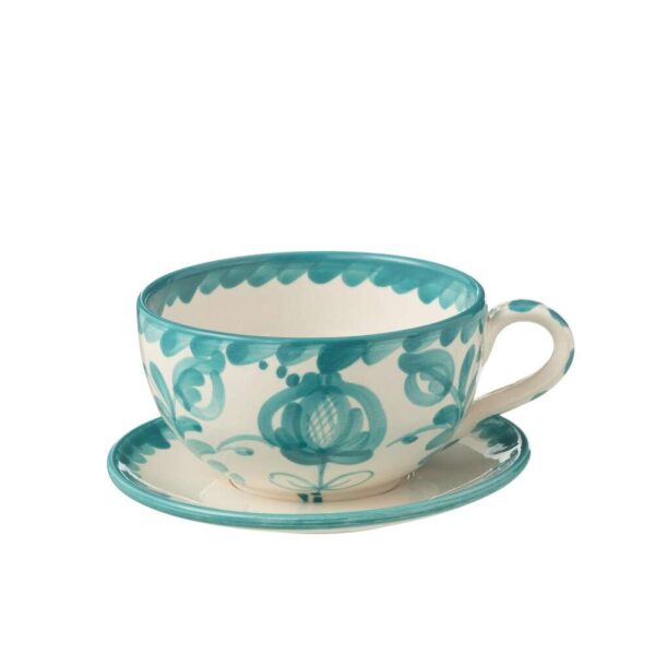 CUP+PLATE GRANADA CERAMIC WHITE/AQUA