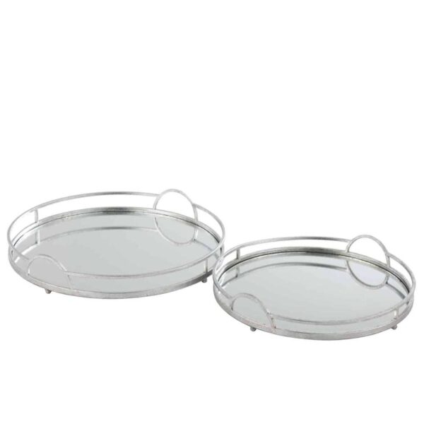 SET OF 2 TRAY ROUND MIRROR IRON SILVER