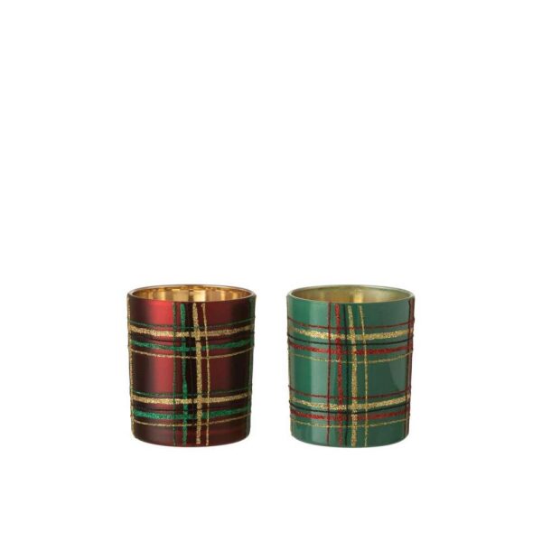 TEALIGHT HOLDER CHECKERED GLASS RED/GREEN LARGE ASSORTMENT OF 2