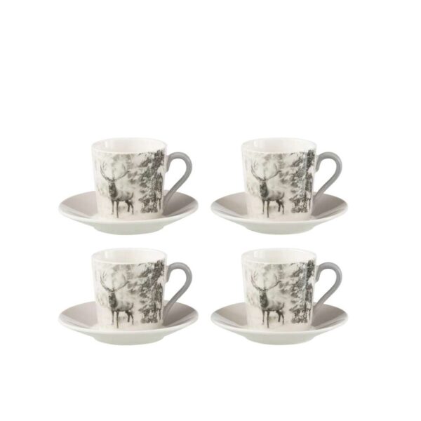 BOX OF 4 COFFEE CUP+SAUCER REINDEER WINDOWNBOX CERANMICS GREY SMALL