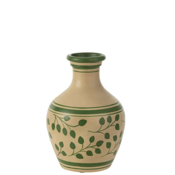 VASE LEAVES+LINES TERRACOTTA WHITE/GREEN