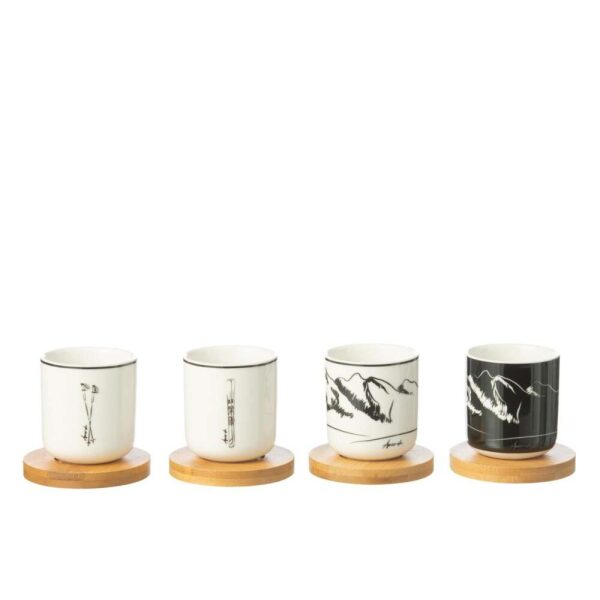 BOX OF 4 COFFEE CUP+BAMBOO SAUCER WINDOWNBOX CERANMICS BLACK/WHITE
