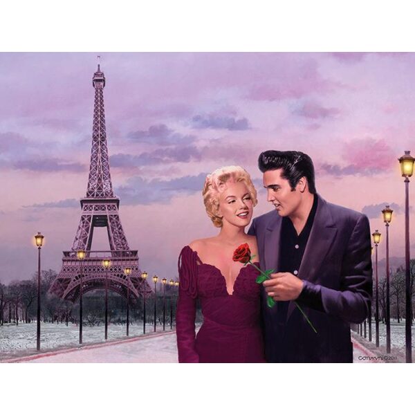 Elvis og Marilyn Monroe ved Eifeltårnet, Paris sunset , Canvas bilde-60x80 cm