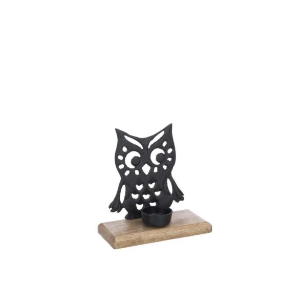 CANDLE HOLDER OWL ALUMINIUM/WOOD BLACK SMALL