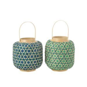 LANTERN MOSAIC PATTERN BAMBOO DARK BLUE/WATER GREEN ASSORTMENT OF 2