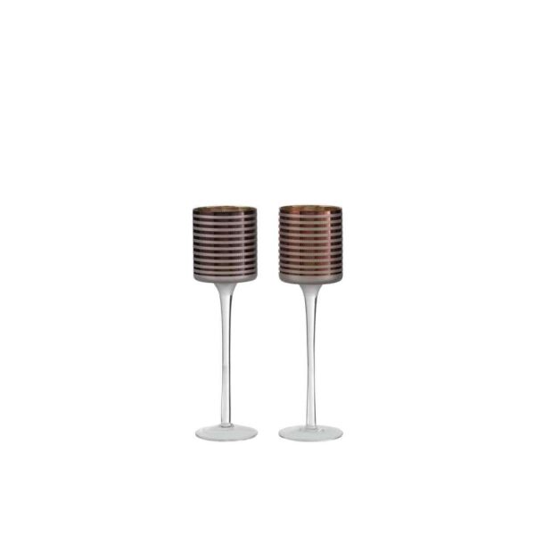 TEALIGHT HOLDER ON FOOT STRIPES GLASS BR SMALL ASSORTMENT OF 2