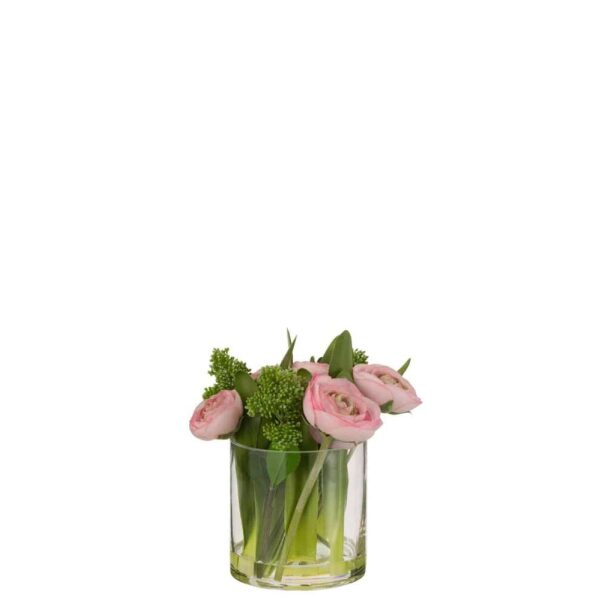 RANUNCULUS IN VASE PLASTIC GLASS PINK/GREEN SMALL