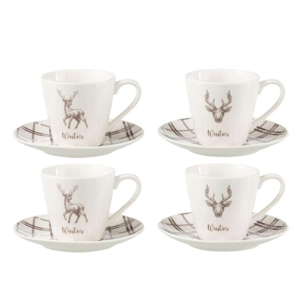 BOX OF 4 TEA CUP+SAUCER REINDEER WINDOWNBOX CERANMICS WHITE/BROWN LARGE