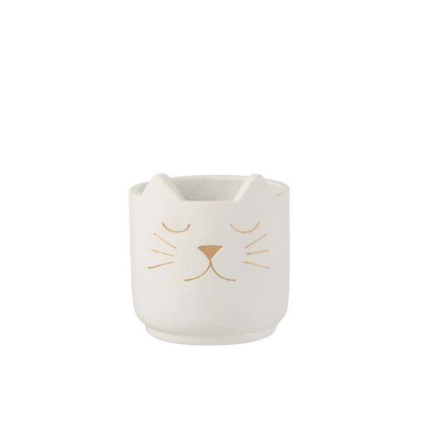 FLOWER POT CAT CEMENT WHITE GOLD SMALL