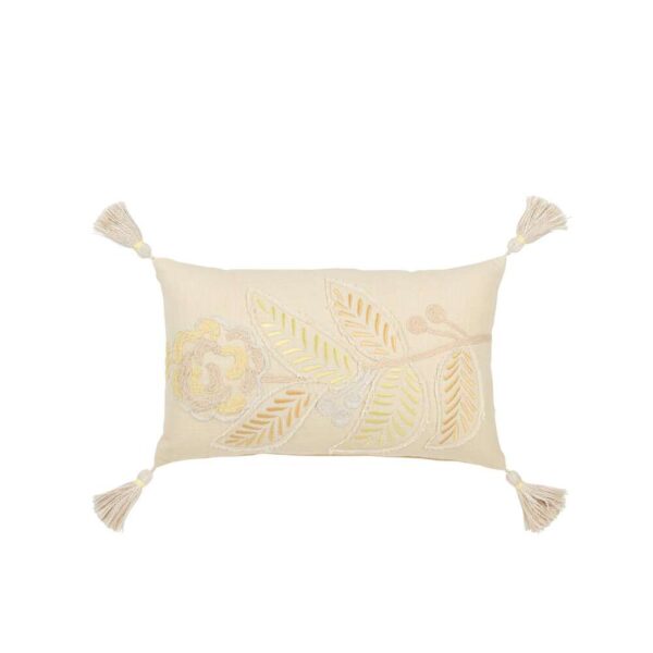 CUSHION RECTANGLE FLOWER+TASSELS COTTON LIGHT YELLOW