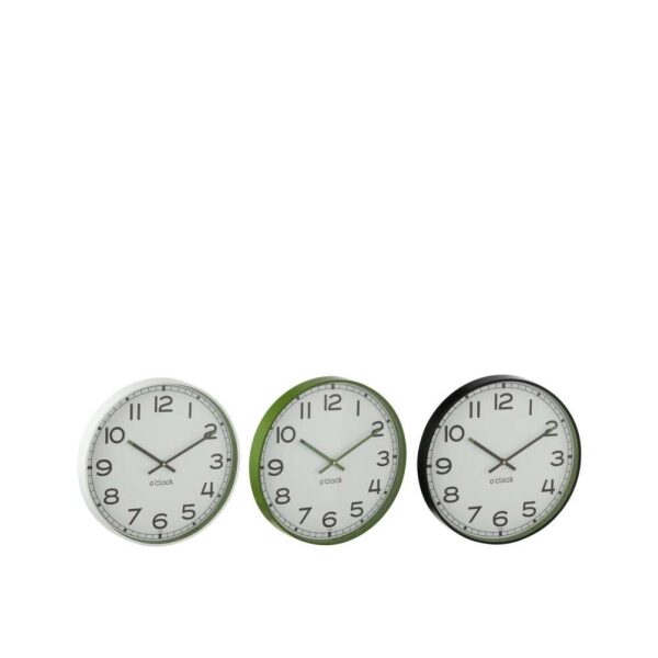 WALL CLOCK ROUND PLASTIC GREEN/WHITE/BLACK SMALL ASSORTMENT OF 3