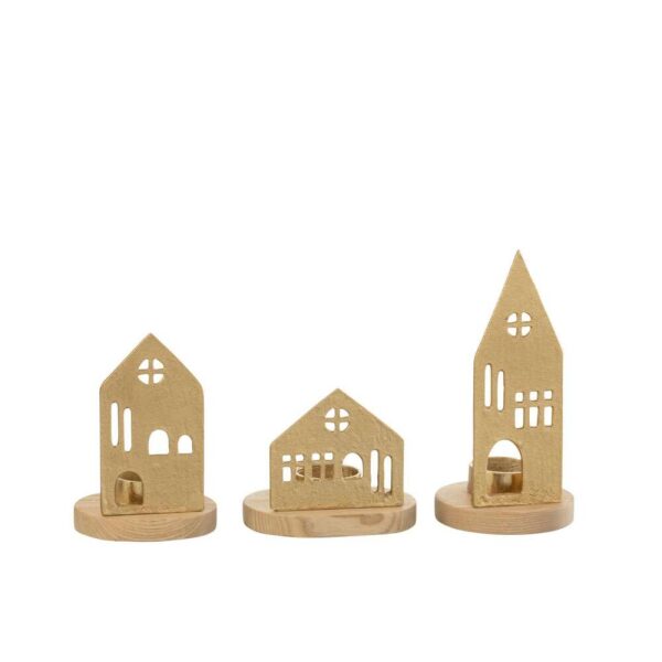 TEALIGHT HOLDER HOUSE ALUMINIUM/WOOD NATURAL/GOLD ASSORTMENT OF 3