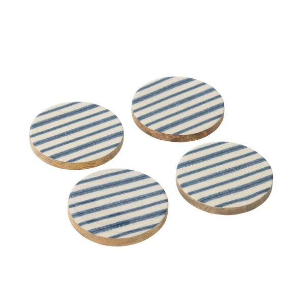 SET OF 4 COASTERS STRIPES MANGO WOOD BLUE/WHITE