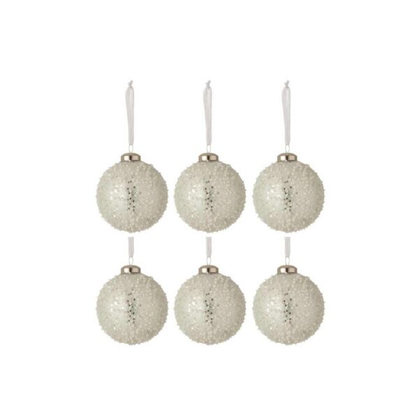 BOX OF 6 CHRISTMAS BAUBLES PEARL GLASS WHITE/SILVER MEDIUM