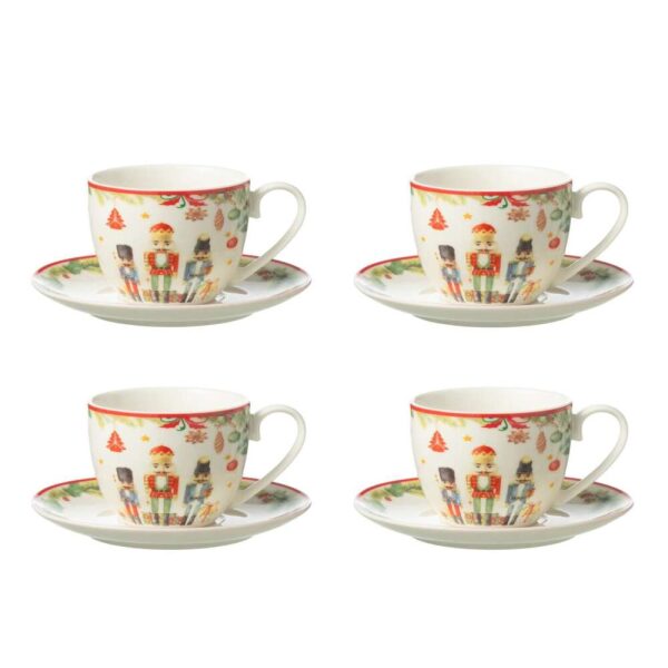 BOX OF 4 TEA CUP+ SAUCER NUTCRACKER CERAMICES WHITE
