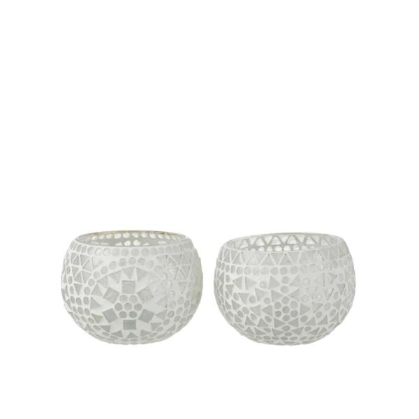 TEALIGHT HOLDER EKI MOSAIC GLASS WHITE MEDIUM ASSORTMENT OF 2
