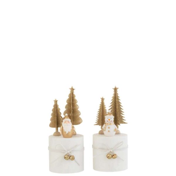 SANTA/SNOWMAN ON FOOT ROUND WOOD WHITE/GOLD ASSORTMENT OF 2