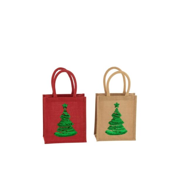 BAG CHRISTMAS TREE SEQUIN JUTE NATURAL/RED ASSORTMENT OF 2