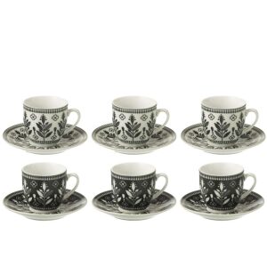 BOX OF 6 COFFEE CUP+SAUCER LEAVES CERAMICS BLACK/WHITE