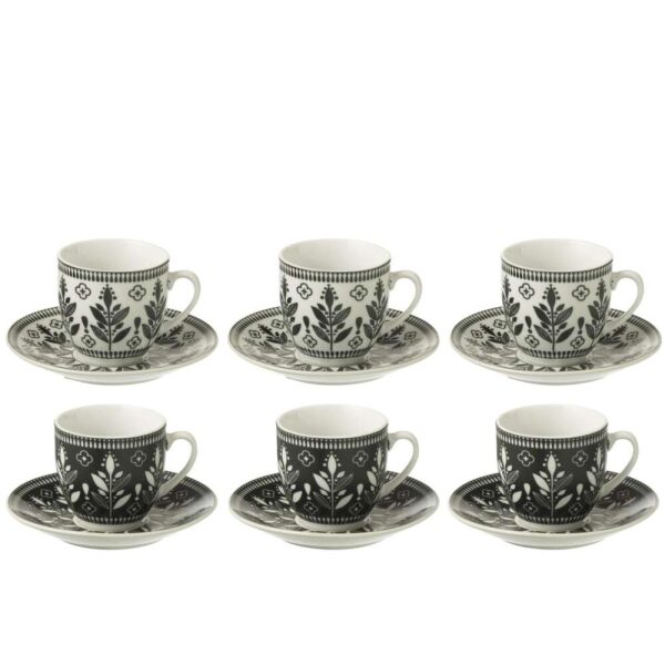 BOX OF 6 COFFEE CUP+SAUCER LEAVES CERAMICS BLACK/WHITE