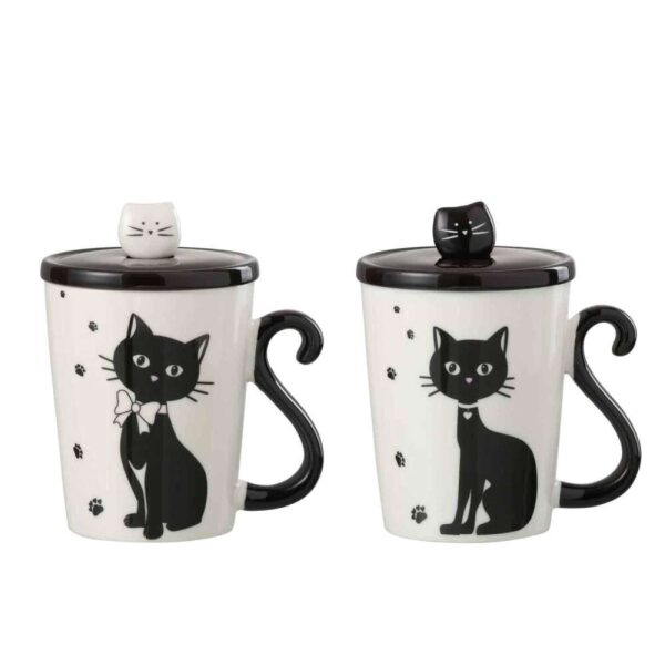 MUG PRINT CAT + LID + SPOON PORCELAIN WHITE / BLACK ASSORTMENT OF 2