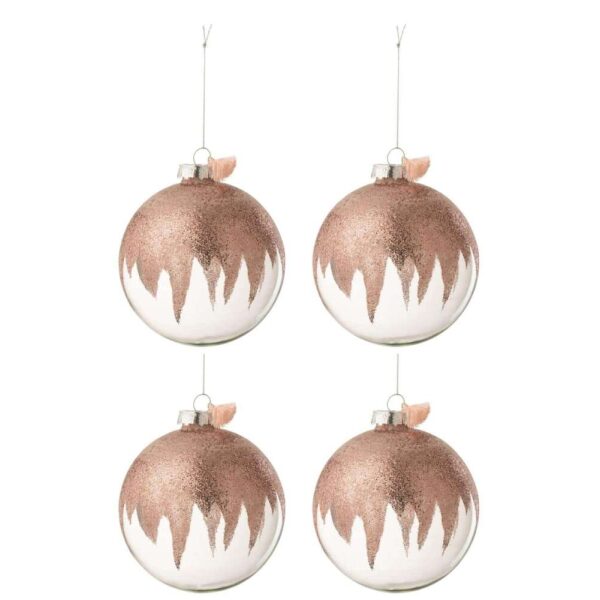 BOX OF 4 CHRISTMAS BAUBLES GLITTER MINI TASSEL PINK GLASS TRANSPARENT LARGE