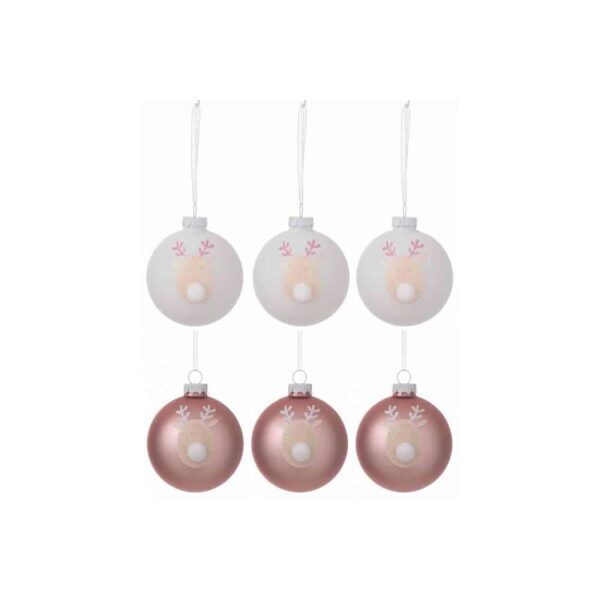 BOX OF 6 CHRISTMAS BAUBLES 3+3 REINDEER GLASS LIGHT PINK/WHITE SMALL