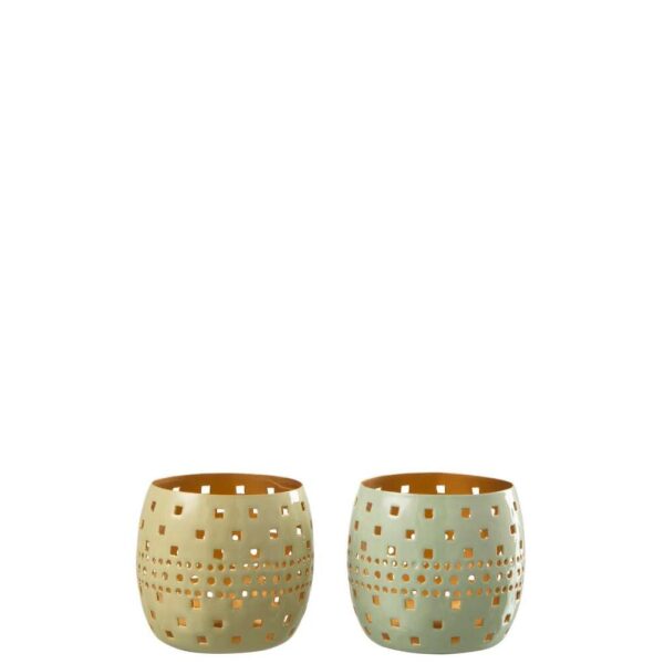 CANDLE HOLDER PERFORATED METAL GREEN ASSORTMENT OF 2