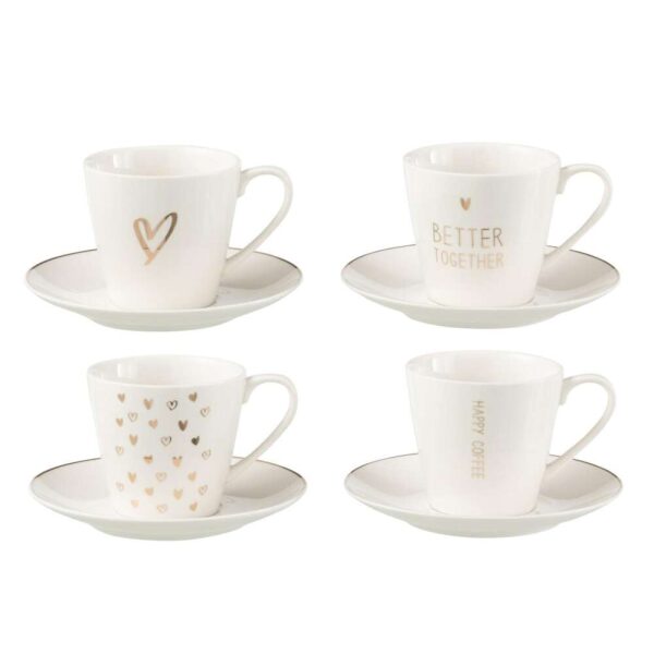 BOX OF 4 TEA CUP+SAUCER HEART WINDOWNBOX CERANMICS WHITE LARGE