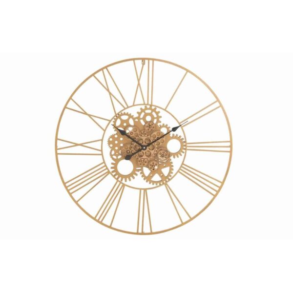 CLOCK ROUND ROMAN NUMERALS GEARS METAL GOLD