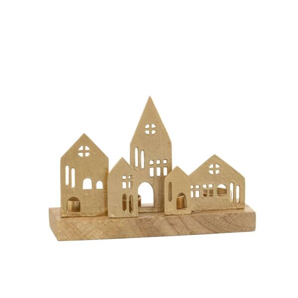 TEALIGHT HOLDER HOUSE ALUMINIUM/WOOD GOLD/NATURAL