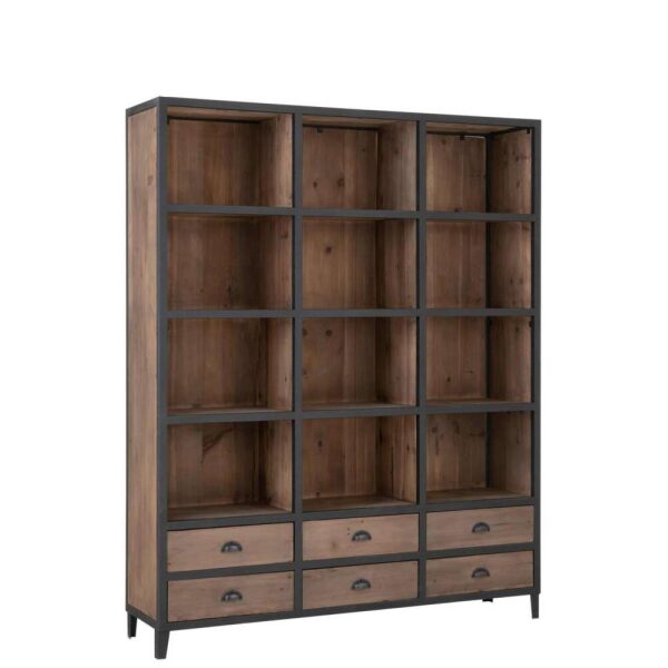 BOOKCASE 12 COMPARTMENTS 6 DRAWERS WOOD/METAL NATURAL/BLACK
