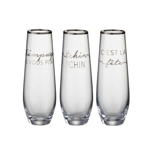 DRINKING GLASS TEXT FRENCH RIM GLASS TRANSPARENT/SILVER ASSORTMENT OF 3