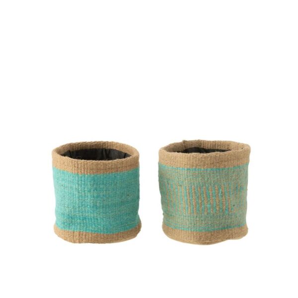 BASKET ROUND+BAND JUTE NATURAL/AZURE MEDIUM ASSORTMENT OF 2