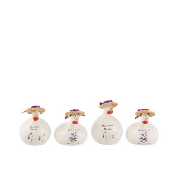 CHICKEN QUOTES+HAT CERAMIC WHITE/PURPLE SMALL ASSORTMENT OF 4