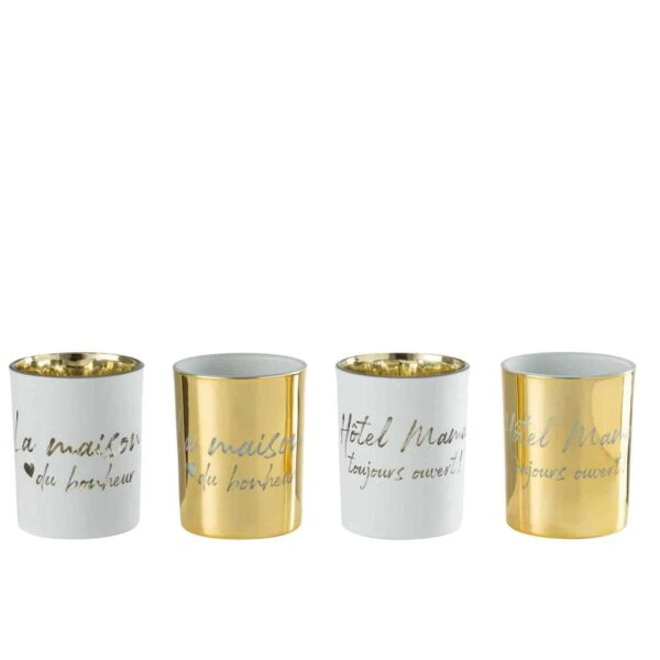 TEALIGHT HOLDER TEXT GLASS GOLD/SILVER LARGE ASSORTMENT OF 4