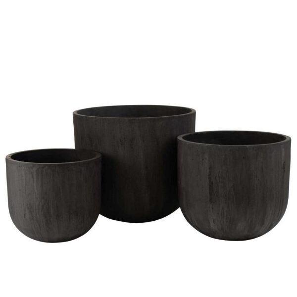 SET OF 3 FLOWERPOTS ROUND CERAMIC HIGH BLACK