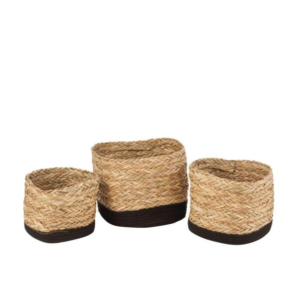 SET OF 3 BASKETS SQUARE GRASS/COTTON NATURAL/BLACK