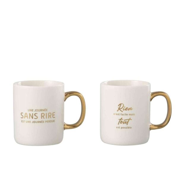 MUG MESSAGE POSITIF PORCELAIN WHITE / GOLD ASSORTMENT OF 2