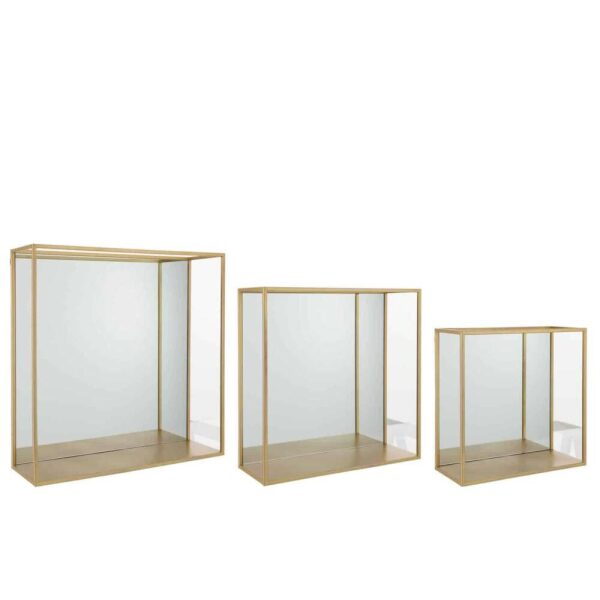 SET OF 3 WALL RACK MIRROR SQUARE METAL/GLASS GOLD