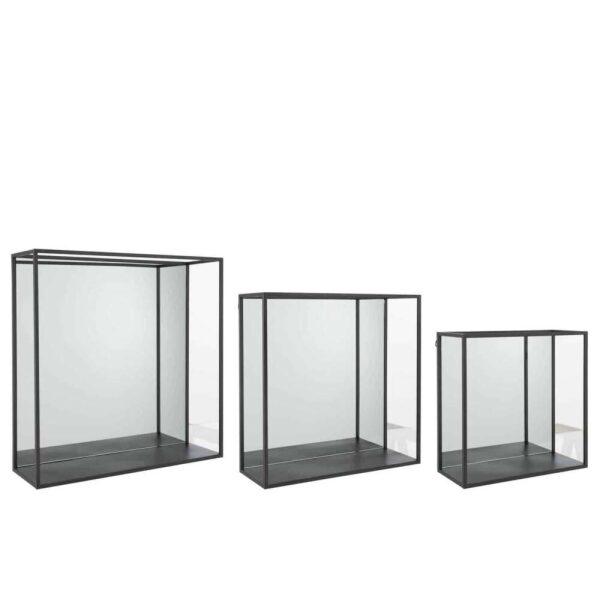 SET OF 3 WALL RACK MIRROR SQUARE METAL/GLASS BLACK