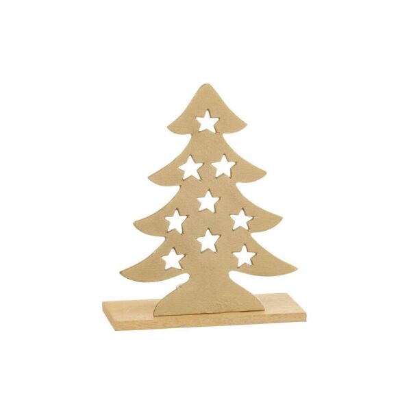 TEALIGHT HOLDER CHRISTMAS TREE ALUMINIUM/WOOD NATURAL/GOLD LARGE