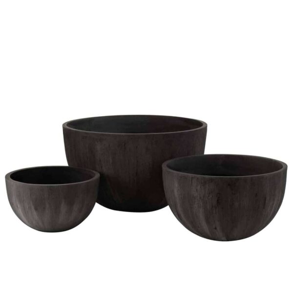 SET OF 3 FLOWERPOTS ROUND CERAMIC LOW BLACK