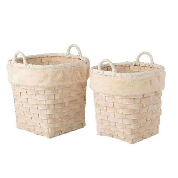 SET OF 2 BASKETS ROUND WITH HANDLES IMITATION FUR DETACHABLE RATTAN FLAT NATURAL WHITE WASH